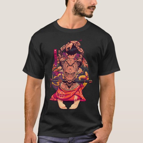 geisha girl Oni mask vintage T_Shirt