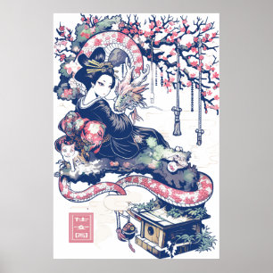 Geisha Girl With Dragon and Cats 37005 Poster
