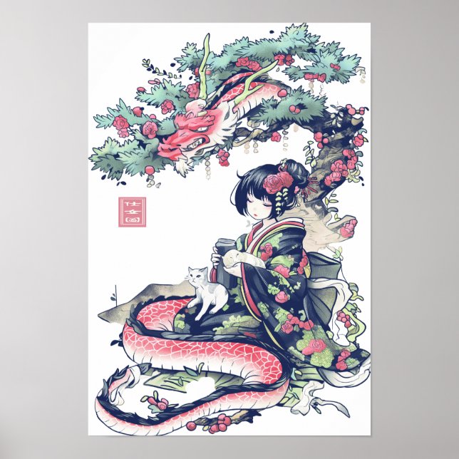Geisha Girl With Dragon and Cats 37006 Poster (Front)