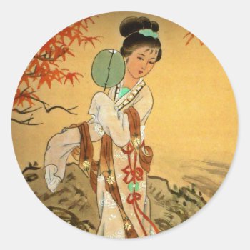 Geisha Girl With Fan Classic Round Sticker by dmorganajonz at Zazzle