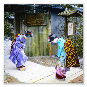Geisha Greetings at the Gate Vintage Old Japan Photo Print