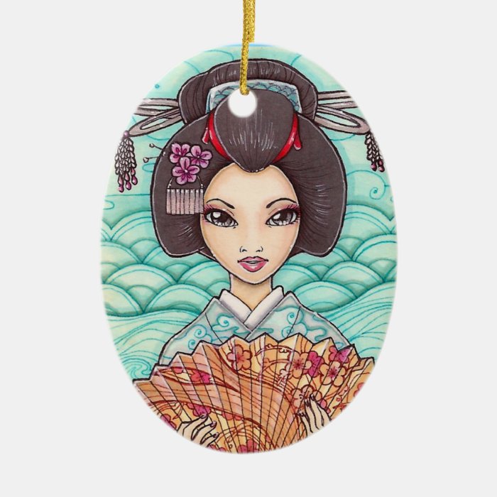 Geisha in Blue Kimono Ukiyoe Art Premium Ornament