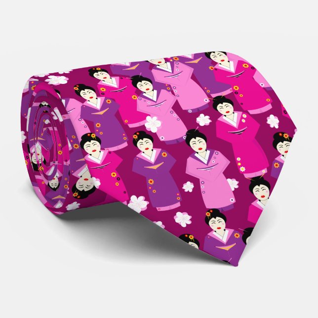 Geisha in Kimonos Japanese Pattern Neck Tie (Rolled)