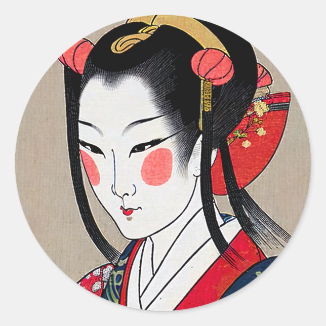 Geisha In Red Blue Kimono | Ukyio-e Japanese Art Classic Round Sticker (Front)