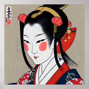 Geisha In Red Blue Kimono   Ukyio-e Japanese Art Poster