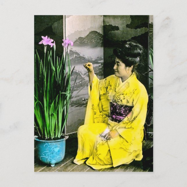 Geisha in Yellow Kimono Arranging Flowers Vintage Postcard (Front)
