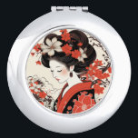 Geisha Mirror Compact with Pink Peony Design<br><div class="desc">Pretty compact mirror features a Japanese Geisha in red and black. Nice Christmas gift or birthday present idea.</div>