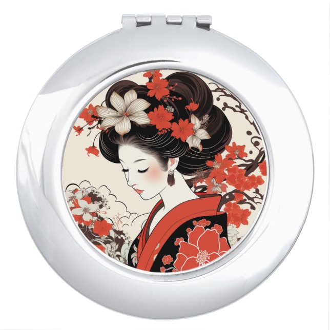 Geisha Mirror Compact with Pink Peony Design (Front)