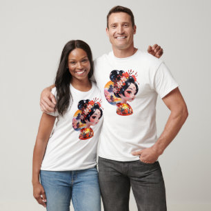 Geisha Portrait Colorful Floral Artistic Design T-Shirt