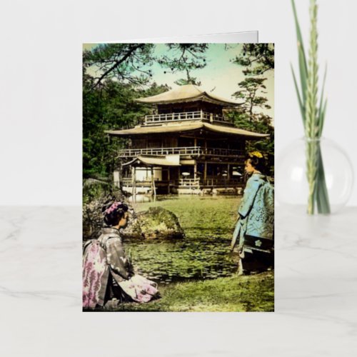 Geisha Posing at Kinkaku_ji Golden Temple Japan Foil Greeting Card