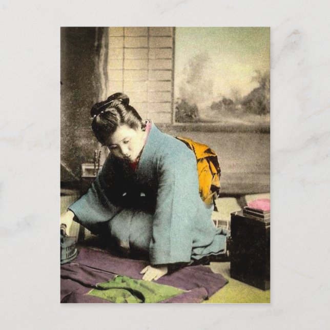 Geisha Preparing Silk Kimono Vintage Old Japan Postcard (Front)