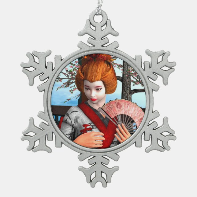 Geisha Snowflake Pewter Christmas Ornament (Front)