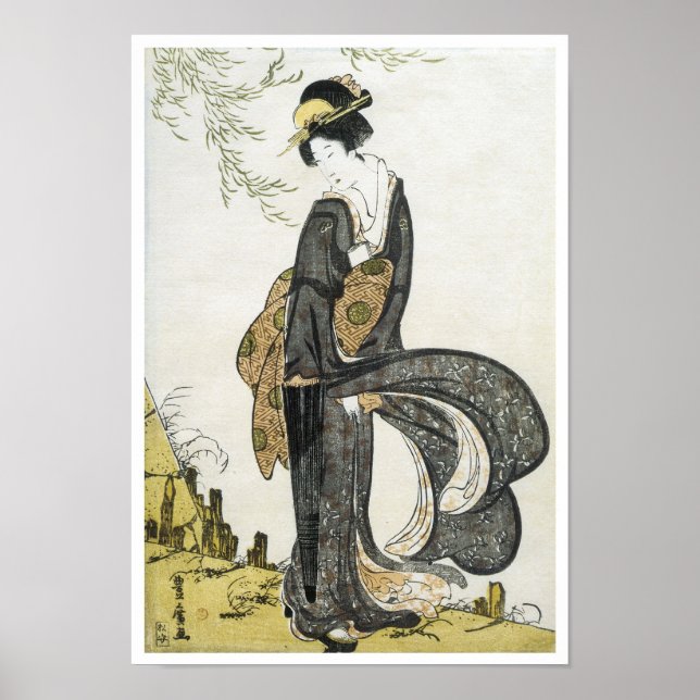 Geisha Standing in the Wind, Toyohiro, 1805 Poster (Front)