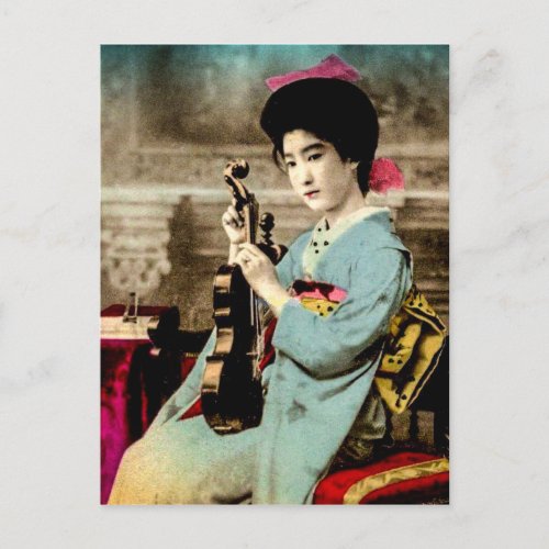 Geisha with a Violin Vintage Old Japan Musician Postcard