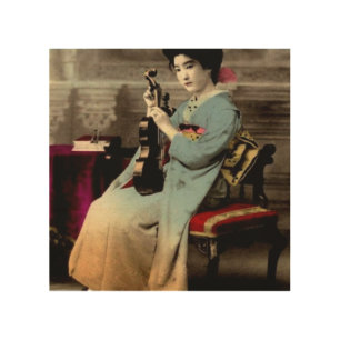 Geisha with a Violin Vintage Old Japan Musician Wood Wall Art