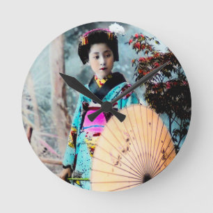 Geisha with a Wagasa Paper Parasol Vintage Japan Round Clock