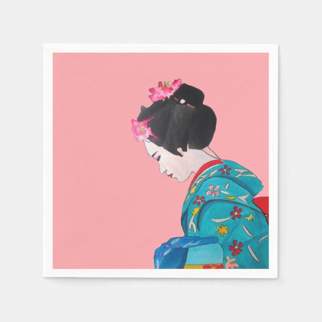 Geisha with Cherry blossom Japanese homeware Napkins (Front)