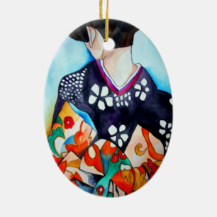 Geisha with dark blue kimono original art ceramic ornament