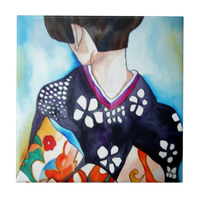 Geisha with dark blue kimono original art painting ceramic tile (Front)