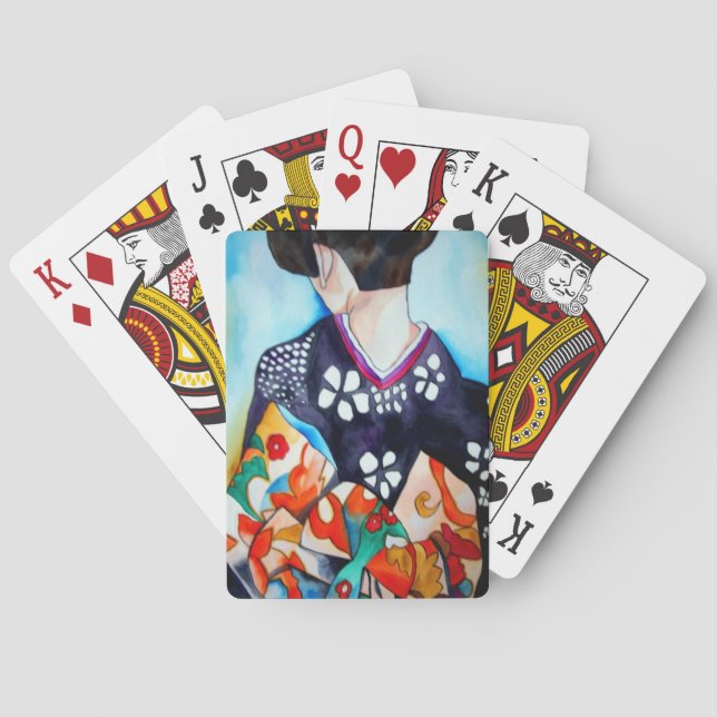 Geisha with dark blue kimono original art poker cards (Back)