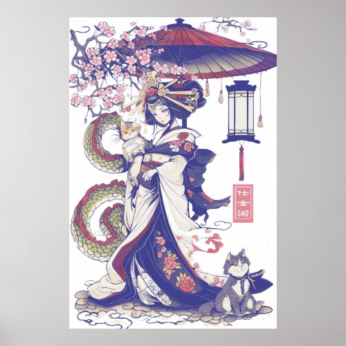 Geisha With Dragon and Cats 37009 Poster