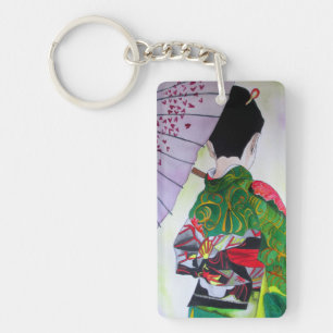 Geisha with green kimono and purple umbrella keychain