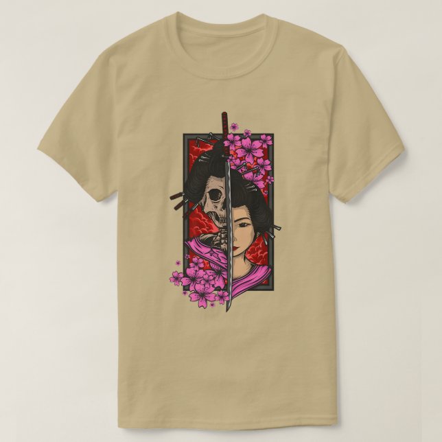 Geisha with katana and sakura cherry blossom samur T-Shirt (Design Front)
