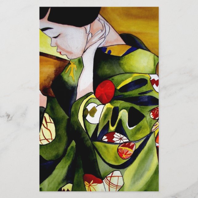 Geisha with olive green kimono stationery (Front)