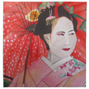 Geisha with Red Umbrella original art painting Cloth Napkin
