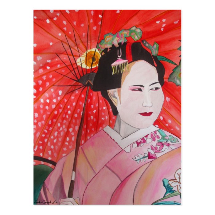 Japanese Geisha with red umbrella original art Postcards