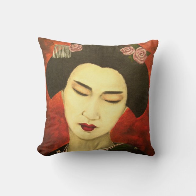 Geisha with Roses Throw Pillow (Front)