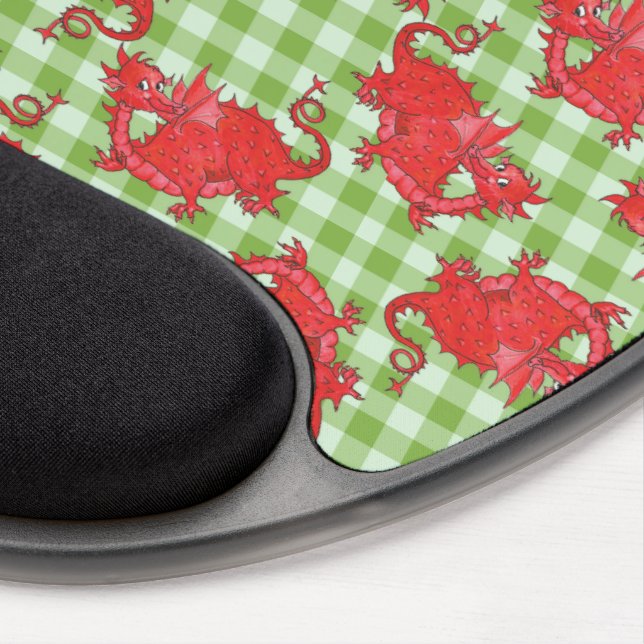 Gel Mousepad: Cute Red Dragons on Green Gingham Gel Mouse Pad (Right Side)
