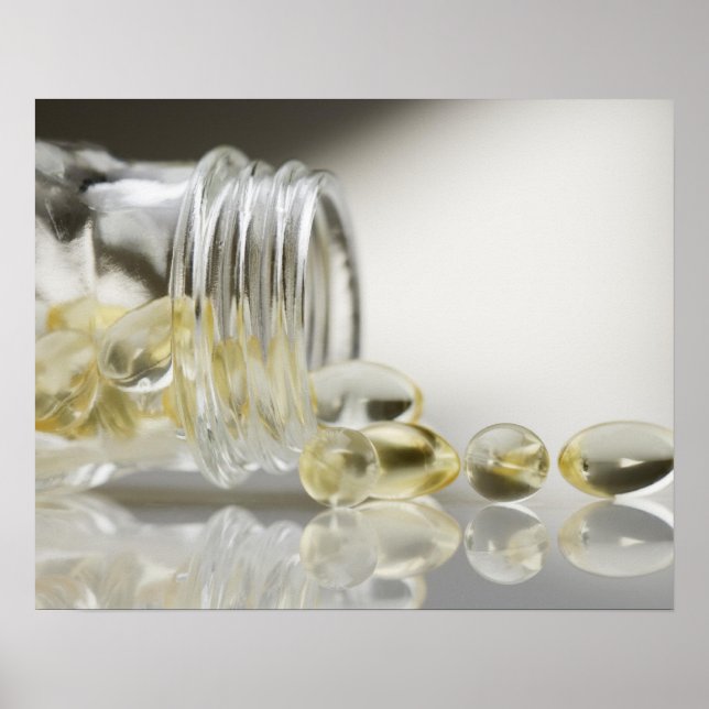 Gelcaps spilling out of glass bottle poster (Front)