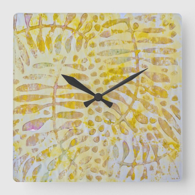 Gelli Printed Golden Leaves Square Wall Clock (Front)