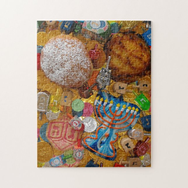 Gelt, Dreidels, Menorah, Sufganiot, & Latke Jigsaw Puzzle (Vertical)