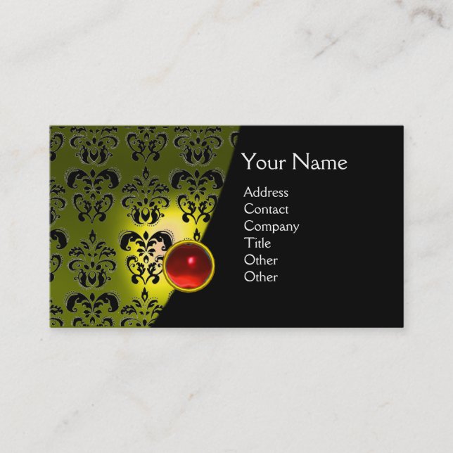GEM DAMASK MONOGRAM yellow red ruby Business Card (Front)