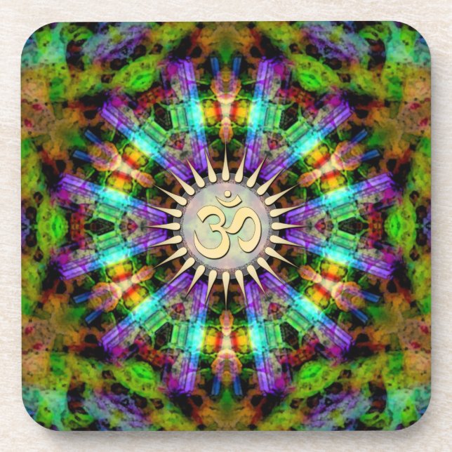 Gem Mandala Golden Aum Spiritual Art : Set of Six Beverage Coaster (Front)