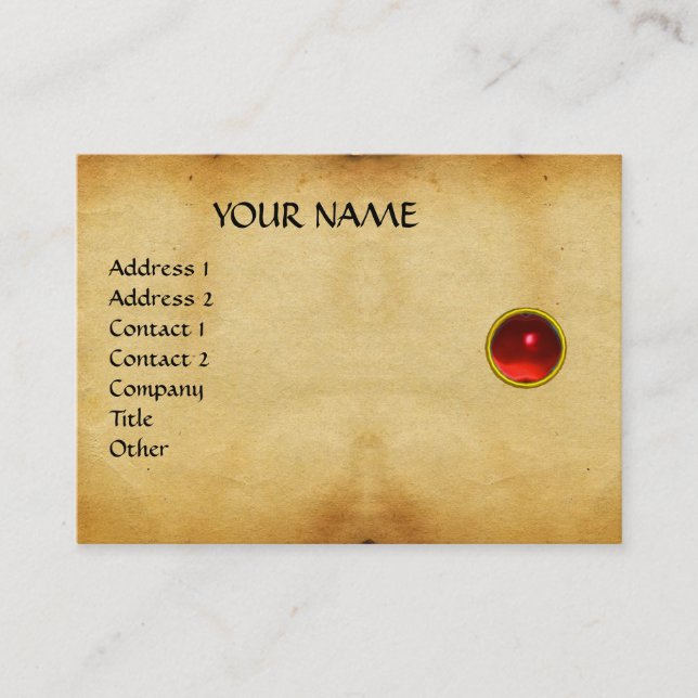 GEM MON ,RED RUBY, GREY AGATA , parchment gold Business Card (Front)