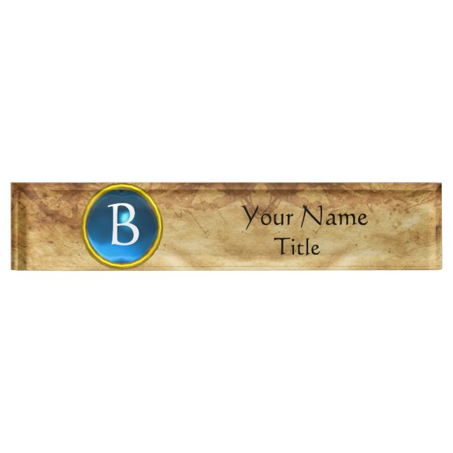 GEM MONOGRAM ,BLUE SAPPHIRE, parchment Nameplate (Front)