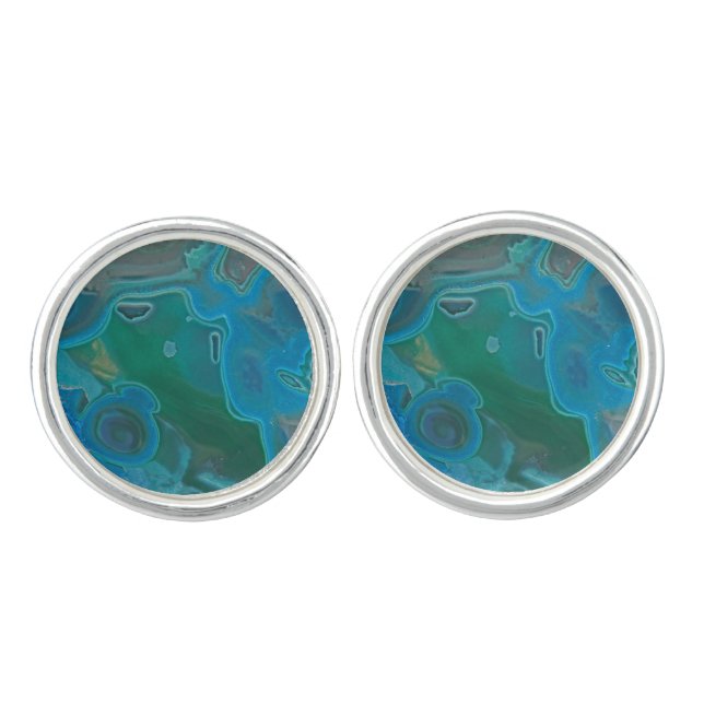 Gem Photo Abstract Blue Green Marbled Gemstone Cufflinks (Front)