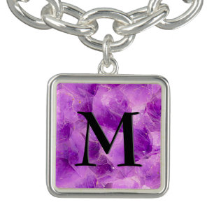 Gem Stone Pattern, Amethyst & Black Onyx Charm Bracelet