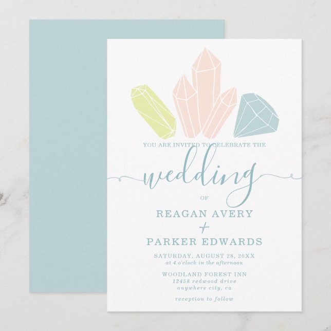 Gem Stones Elegant Pastel Blue Wedding Invitation (Front/Back)