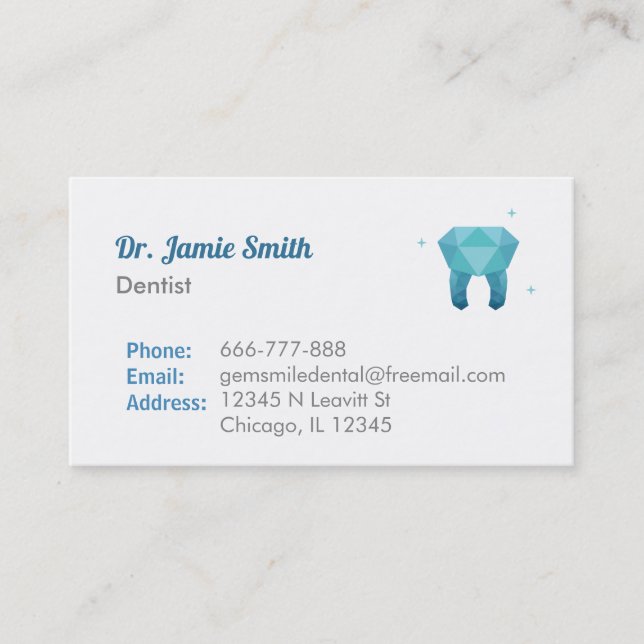 Gem Tooth Logo Dentist Business Cards (Front)