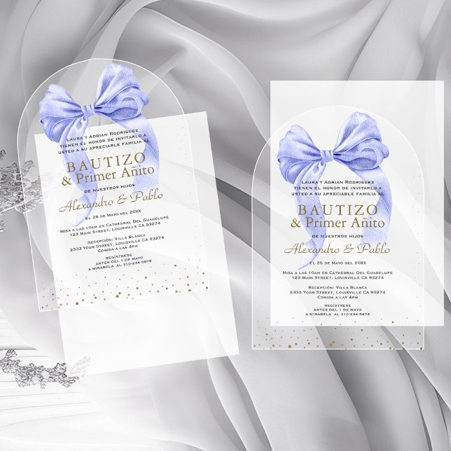 Gemelos Hijos Blue Bow Primer Añito Bautizo Acrylic Invitations (Creator Uploaded)