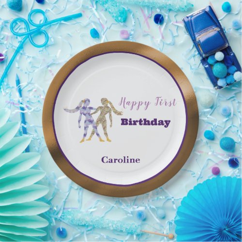 Gemini 1st Birthday Gold & Purple Artistic Paper Plates