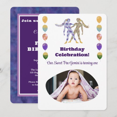 Gemini 1st Birthday Photo Impressionist Gold Invitation