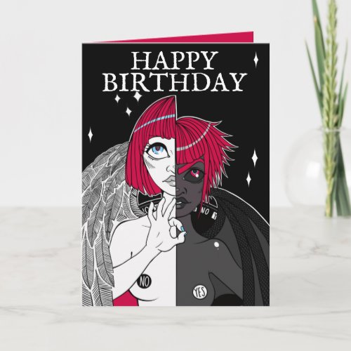Gemini Angel Demon Black Red Cartoon Girl Birthday Card