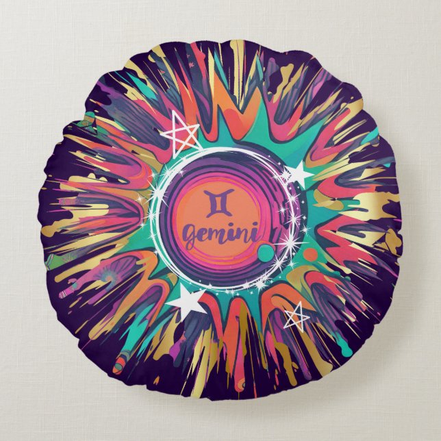 Gemini astrology birth sign zodiac psychedelic round pillow (Front)