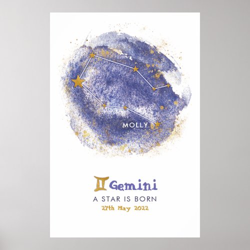 Gemini Baby Name Zodiac Starry Nursery Poster