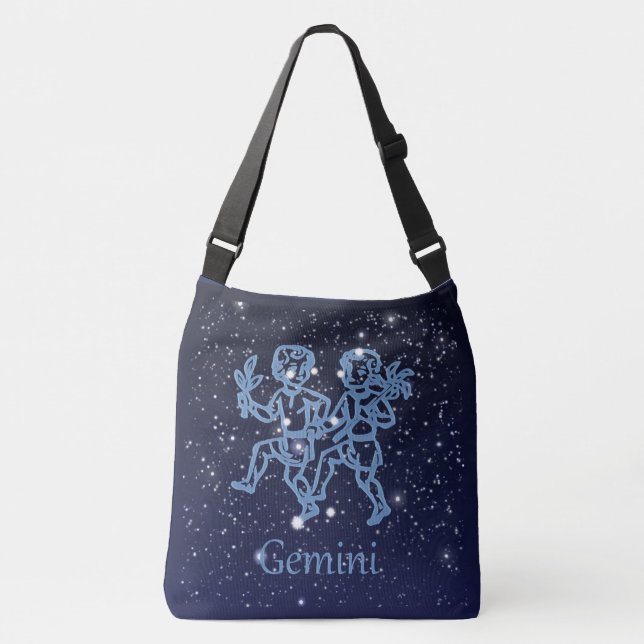Gemini Constellation and Zodiac Sign with Stars Crossbody Bag (Front)